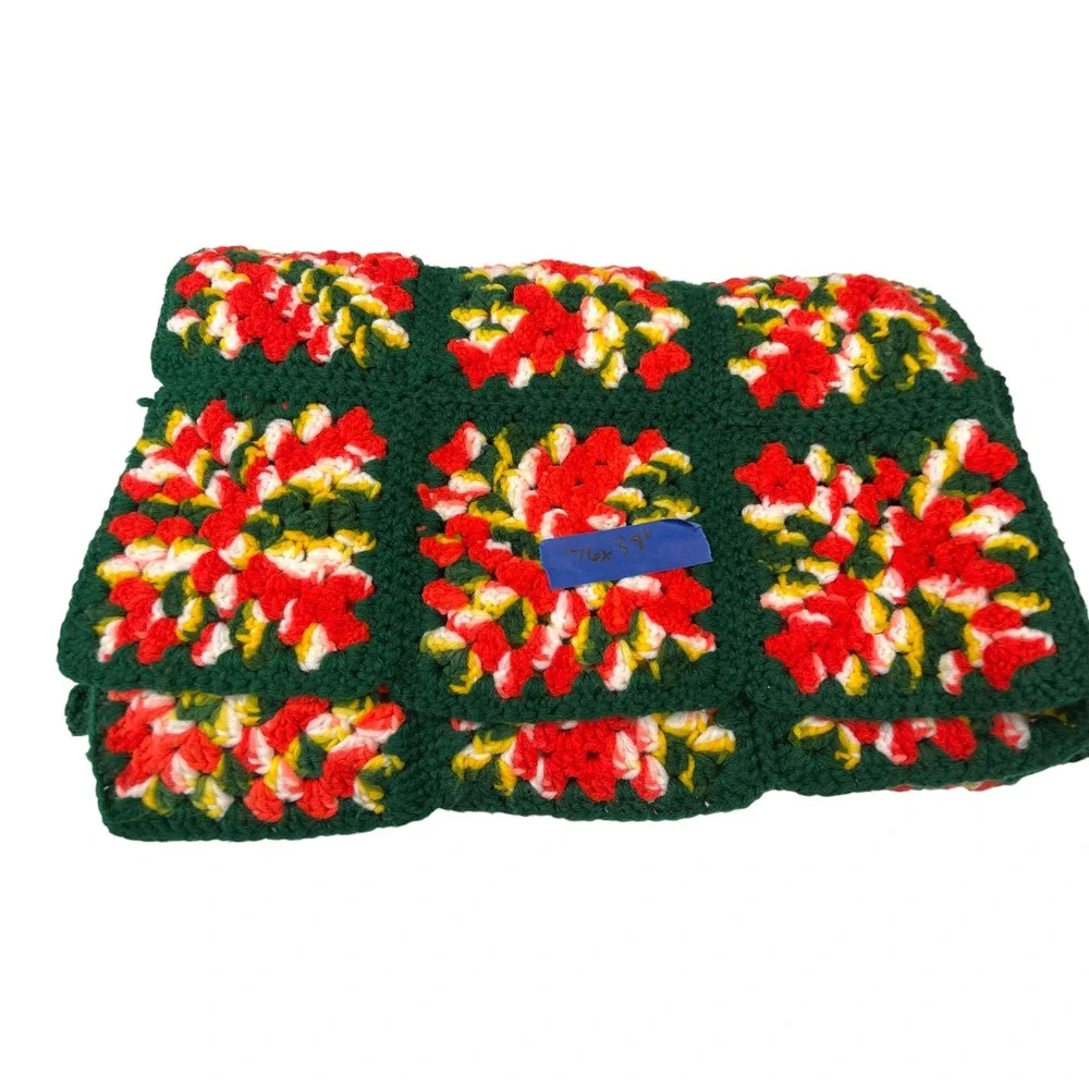76x38 Green Red Crochet Granny Square Afghan Blanket Vintage Cottagecore Retro
